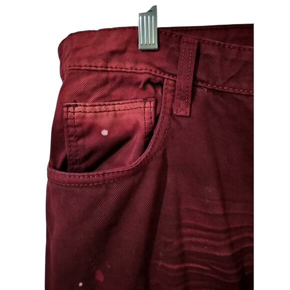 M652)Smoke Rise Burgundy Biker Distressed Splatter Zipper Tapper Jeans Sz 42/32 - Picture 5 of 9